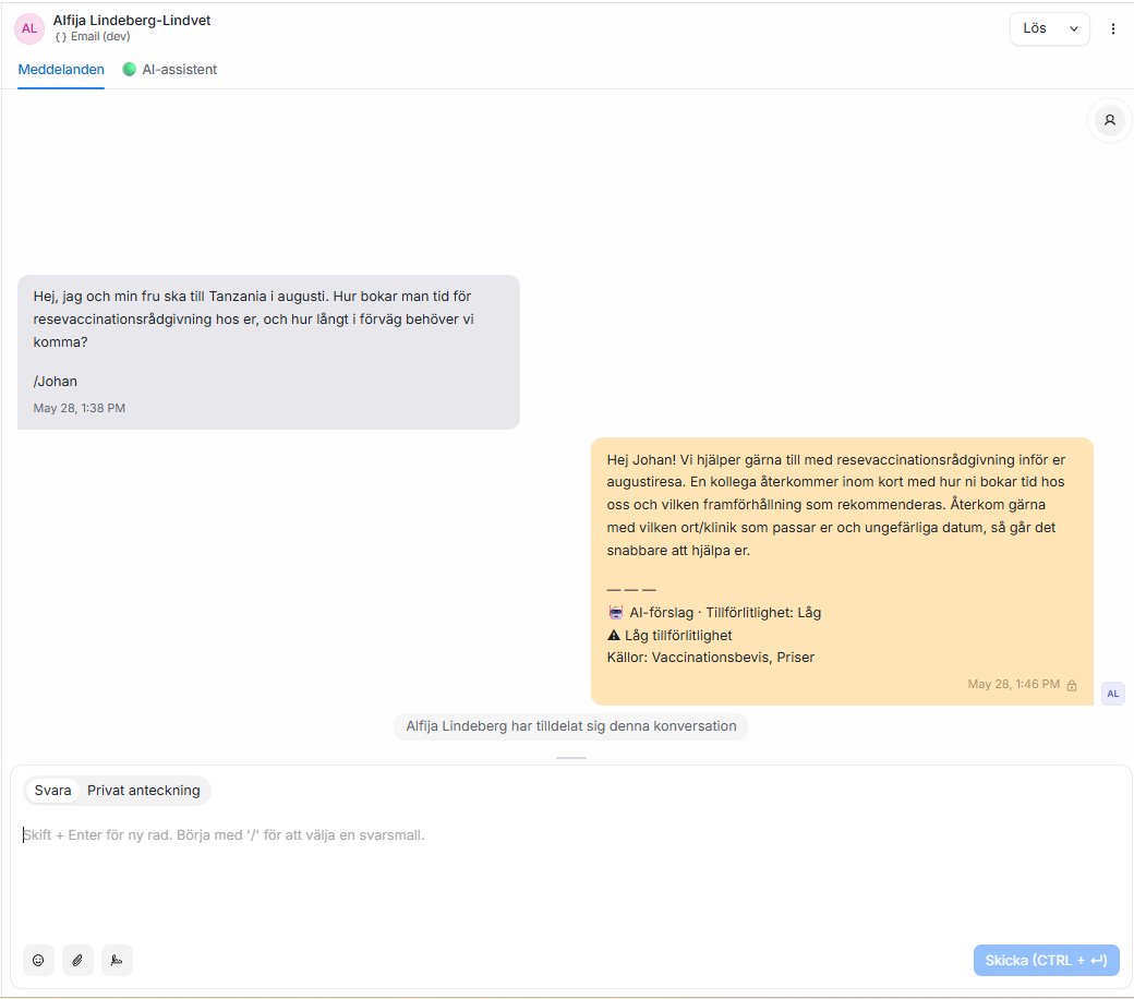 A single conversation in the care-team view, the customer's question, the AI's drafted reply ready for a human to send, and below it a confidence rating plus the named knowledge-base sources the draft was grounded in. The human reads, edits if needed, and owns the send button.